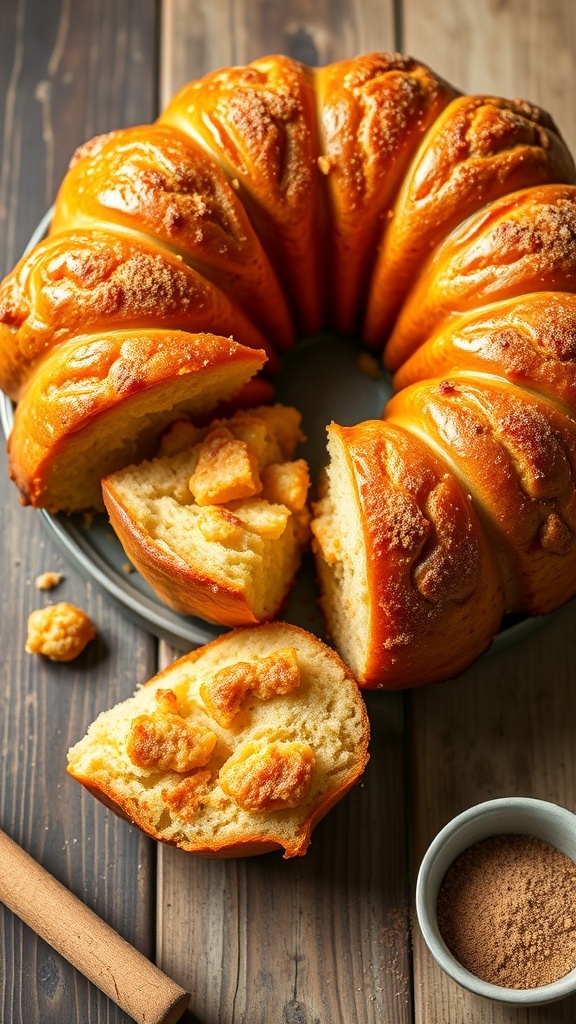Pillsbury Monkey Bread Recipe A golden-brown monkey bread with cinnamon sugar on a wooden table, with pieces pulled apart.
